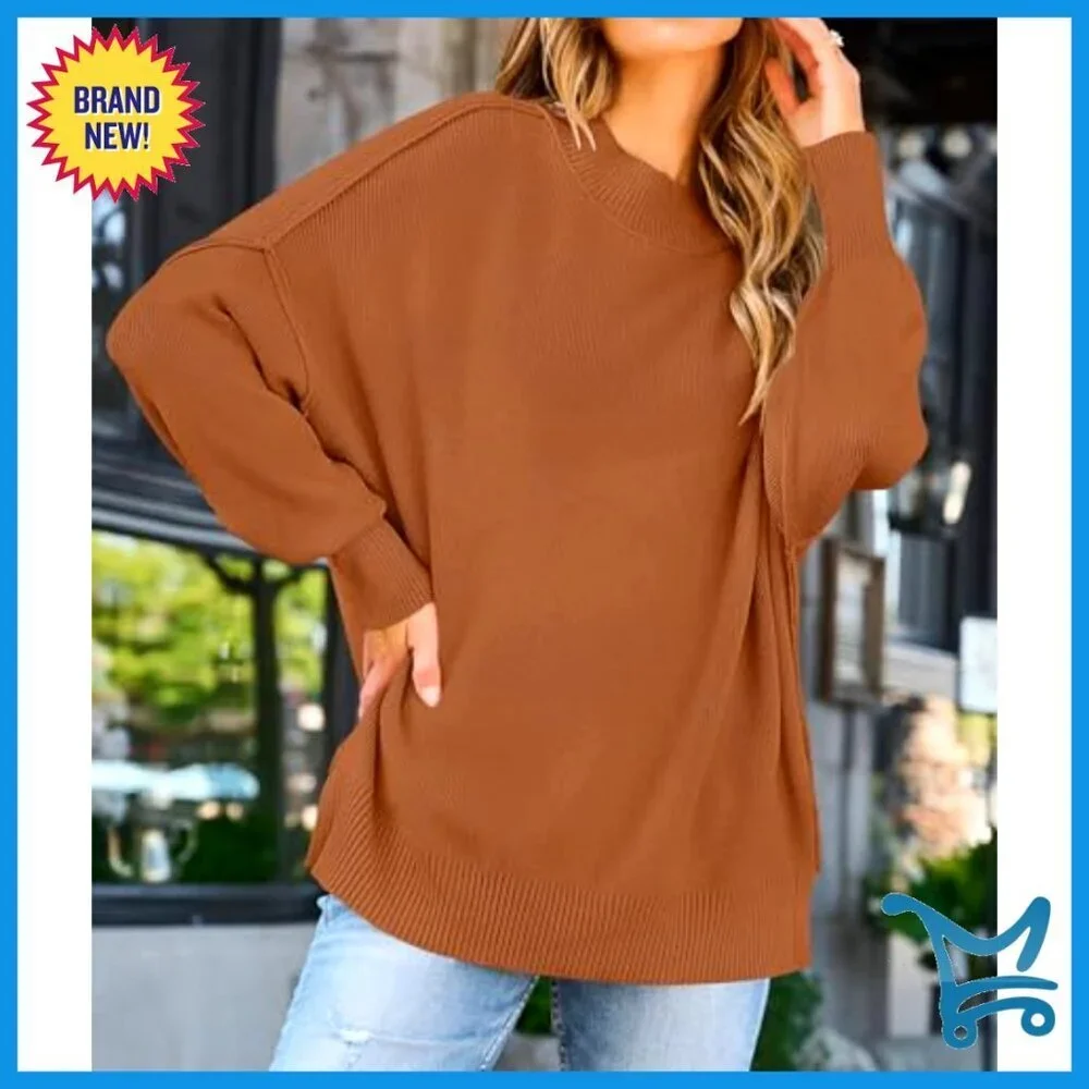 Oversized Ribbed Knit Pullover Sweater Batwing Sleeve Side Slit Chic Fall